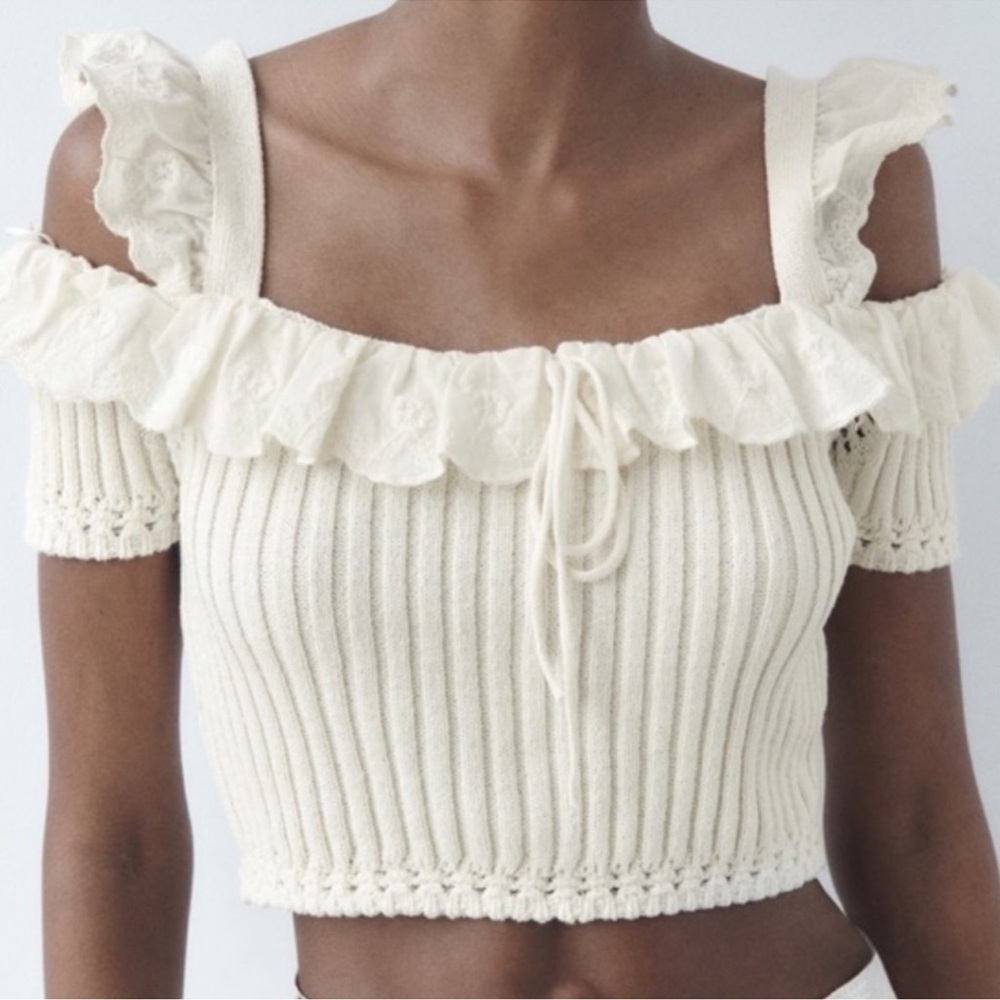Zara Combination Ruffle Lace Crop Top Ecru Cottagecore Prairiecore‎ Boho L NWOT